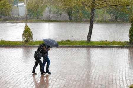 Two people with an umbrella walk through the rain on a street.