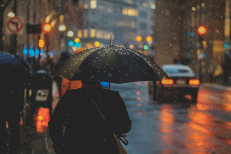 Rainy day in a city. A man with an umbrella walks through the rain.の写真素材