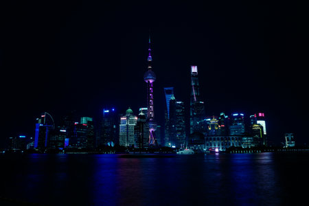 Shanghai Lujiazui Finance and Trade Zone at nightの写真素材