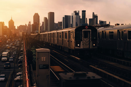 Train in Bangkok city at sunset time.