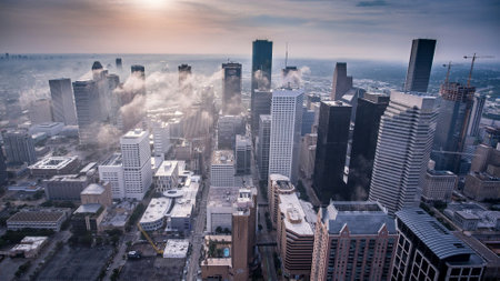 Aerial view of Chicago downtown skyline at sunset, Illinois, USA.の写真素材