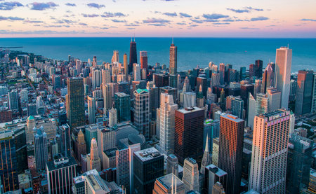 Aerial view of Chicago skyline at sunset, Illinois, USA.の写真素材