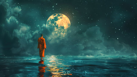 Buddhist monk walking on the sea with full moon background.の写真素材