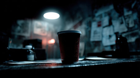 Coffee to go. Coffee cup on table in cafe at night. Paper cup of coffee on dark toned foggy...