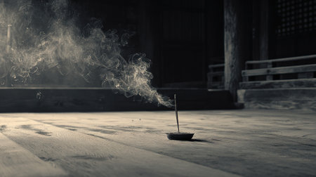 Incense stick with smoke on a wooden floor in a Chinese templeの写真素材