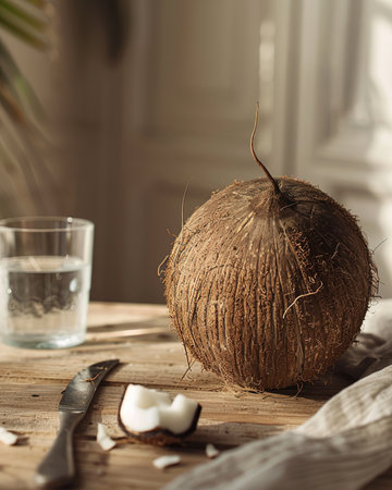 Coconut on a wooden table with a glass of water.