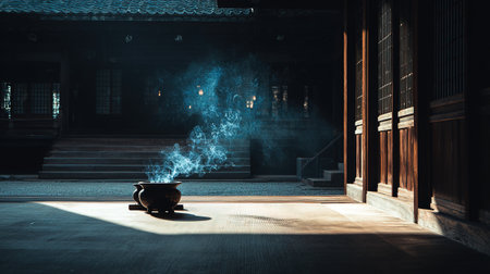 Old Chinese temple with incense burner on the background of a window