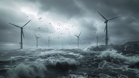 Wind turbines in stormy sea, 3d render. Mixed media