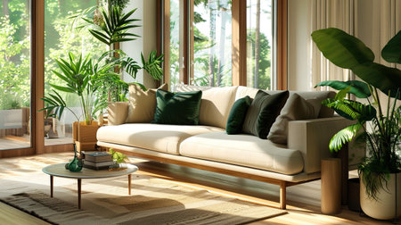 Modern living room interior design with white sofa and green plants. 3d render