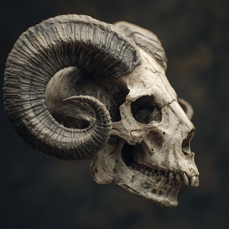 Skull of a ram with horns on a dark background. Vintage style.の写真素材