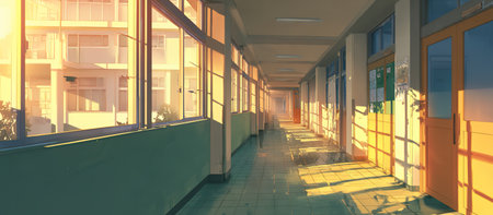 Empty corridor with windows and doors at sunset. 3D rendering.の写真素材