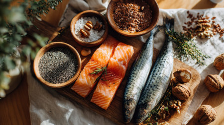Healthy food concept. Fresh salmon, fish, nuts, chia seeds, flax seeds on wooden backgroundの写真素材