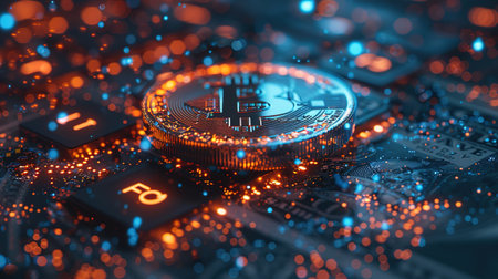 Golden bitcoin on circuit board background. Cryptocurrency concept. 3d illustrationの写真素材