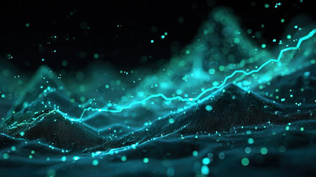 Data technology abstract futuristic illustration. Low poly shape with connecting dots and lines on dark background. 3D rendering. Big data visualization.の写真素材