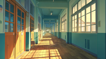 Interior of a hospital corridor with blue walls and wooden floor.の写真素材