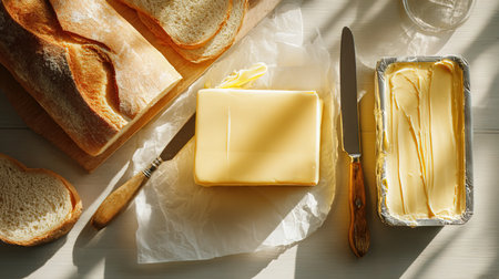 Butter and bread slices on wooden table, top view. Breakfastの写真素材
