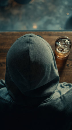 Hooded man sitting at a bar with a glass of colaの写真素材