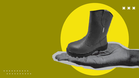 Creative design of a male hand holding a boot on a yellow background.