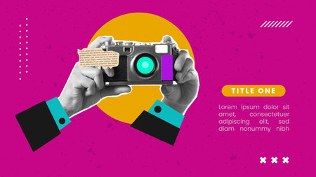 Hands holding retro camera with place for your text. Vector illustrationのイラスト素材