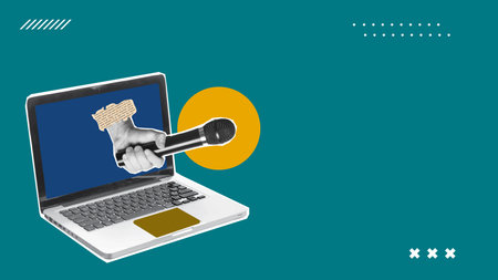 Hand holding a microphone in front of a laptop screen. Vector illustrationのイラスト素材