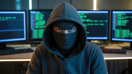 Hacker in a dark hoodie in front of a computer monitorの写真素材