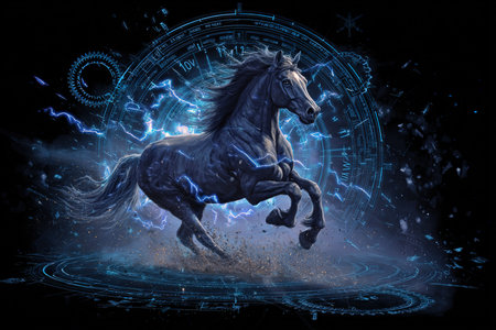Running black horse on abstract background with lights and space for your textの写真素材