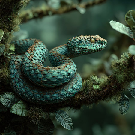 3D render of a green snake on a tree in the jungle