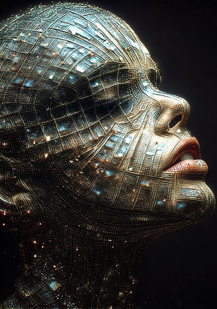 Cyborg head with glowing particles on black background. Artificial intelligence concept