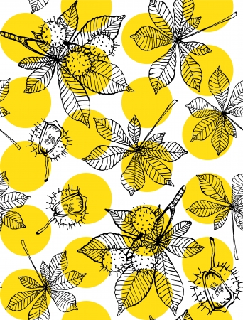Seamless pattern of hand drawn chestnut leaves and nuts against yellow dots のイラスト素材