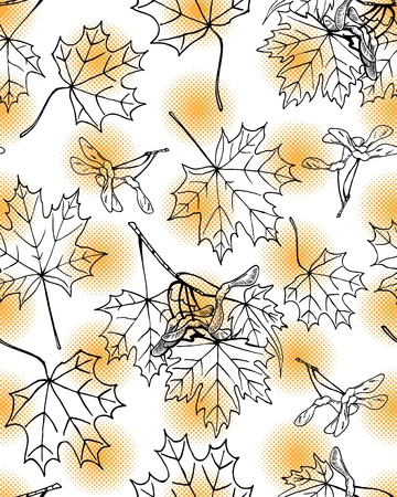 Seamless pattern of hand drawn maple leaves and fruits against orange halftone dotsのイラスト素材