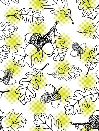 Seamless pattern of hand drawn oak leaves and acorns against lime green halftone dotsのイラスト素材