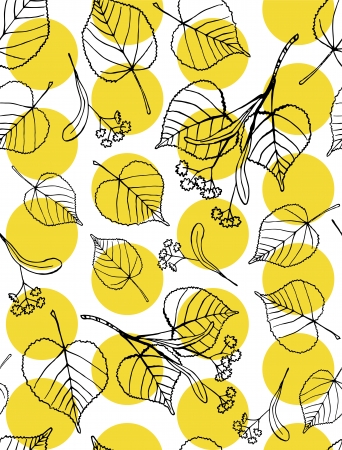 Seamless pattern of hand drawn tilia leaves and flowers against yellow dots のイラスト素材