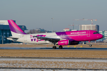 Airplane Airbus A320 of WizzAir landed in Warsaw Okecie Airport.のeditorial素材