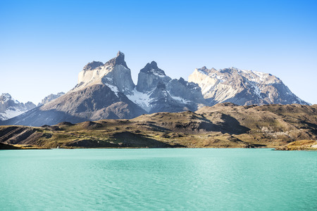 Pehoe mountain lake and Los Cuernos  The Horns , National Park Torres del Paine, Chile  の写真素材