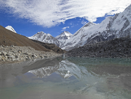 Mountains reflected in lake, Sagarmatha National Park, Himalayas の写真素材