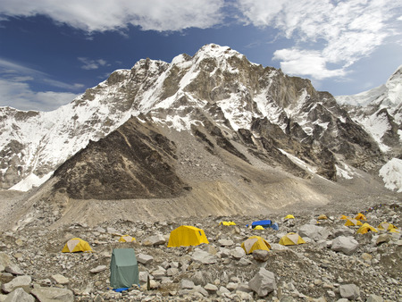 Tents in Everest Base Camp in cloudy day  Here starts the climb to reach the top of the highest mountain in the world, Everest Region, Sagarmatha National Park, Himalayas, Nepal  の写真素材