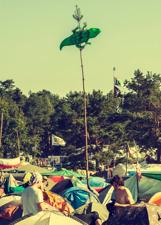 KOSTRZYN NAD ODRA, POLAND - AUGUST 2, 2013  19th Przystanek Woodstock  Woodstock Festival ,  biggest summer open air ticket free rock music festival in Europe, vintage style のeditorial素材