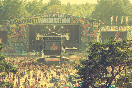 KOSTRZYN NAD ODRA, POLAND - AUGUST 2, 2013  19th Przystanek Woodstock  Woodstock Festival ,  biggest summer open air ticket free rock music festival in Europe, vintage style のeditorial素材