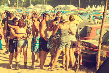 KOSTRZYN NAD ODRA, POLAND - AUGUST 2, 2013  19th Przystanek Woodstock  Woodstock Festival ,  biggest summer open air ticket free rock music festival in Europe, vintage style のeditorial素材