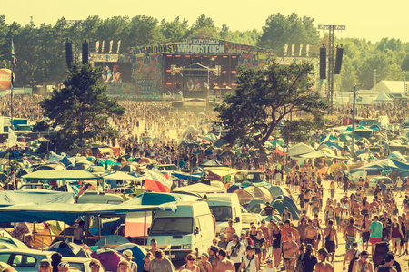 KOSTRZYN NAD ODRA, POLAND - AUGUST 2, 2013  19th Przystanek Woodstock  Woodstock Festival ,  biggest summer open air ticket free rock music festival in Europe, vintage style のeditorial素材