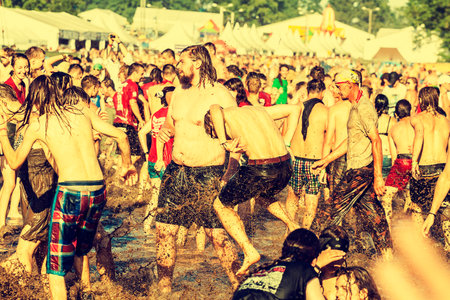 KOSTRZYN NAD ODRA, POLAND - AUGUST 2, 2013  19th Przystanek Woodstock  Woodstock Festival ,  biggest summer open air ticket free rock music festival in Europe, vintage style のeditorial素材