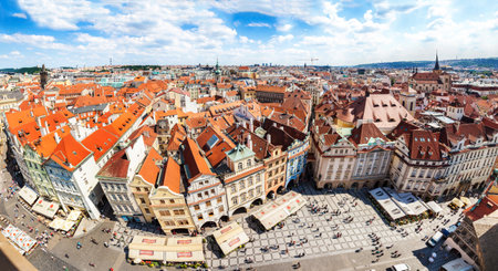 PRAGUE, CZECH REPUBLIC - JUNE 12, 2014   Panoramic view of the Old Town Square in Prague, one of the most visited touristic cities in Europe のeditorial素材