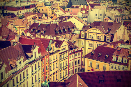 Roofs of Prague, Czech Republic, vintage retro styleの写真素材
