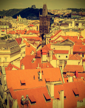 Roofs of Prague, Czech Republic, vintage retro styleの写真素材