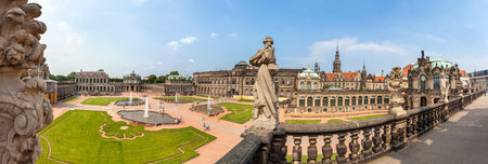 DRESDEN, GERMANY - JUNE 11, 2014  Panoramic view of Zwinger  Der Dresdner Zwinger , part of the historic heart of Dresden, rebuilt after the second world war is the most popular monument in city のeditorial素材
