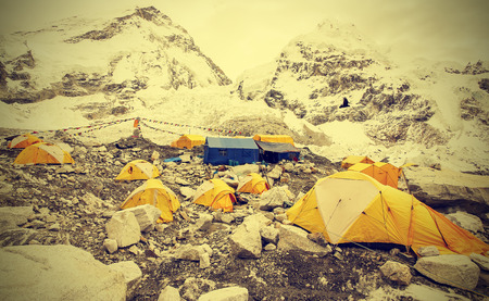 Tents in Everest Base Camp in cloudy day, Nepal の写真素材