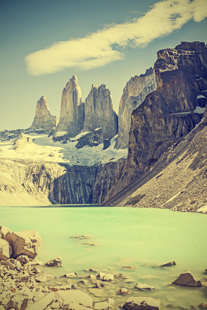Torres del Paine mountains and lake, Chile, retro vintage filtered の写真素材