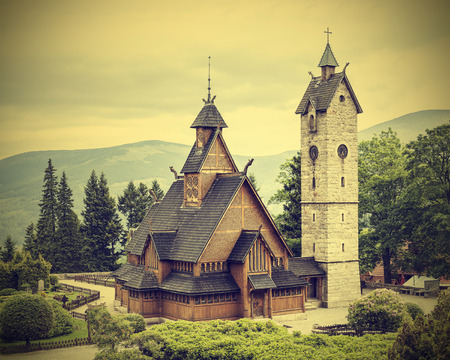 Old, wooden, temple Wang in Karpacz, Poland, vintage style の写真素材
