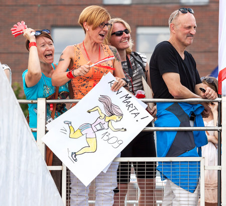 SZCZECIN, POLAND - JULY 06, 2014  Fans and supporters during first Triathlon Szczecin Race のeditorial素材