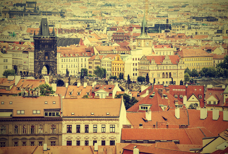 View of Prague with Charles Bridge, Czech Republic, vintage retro style  の写真素材